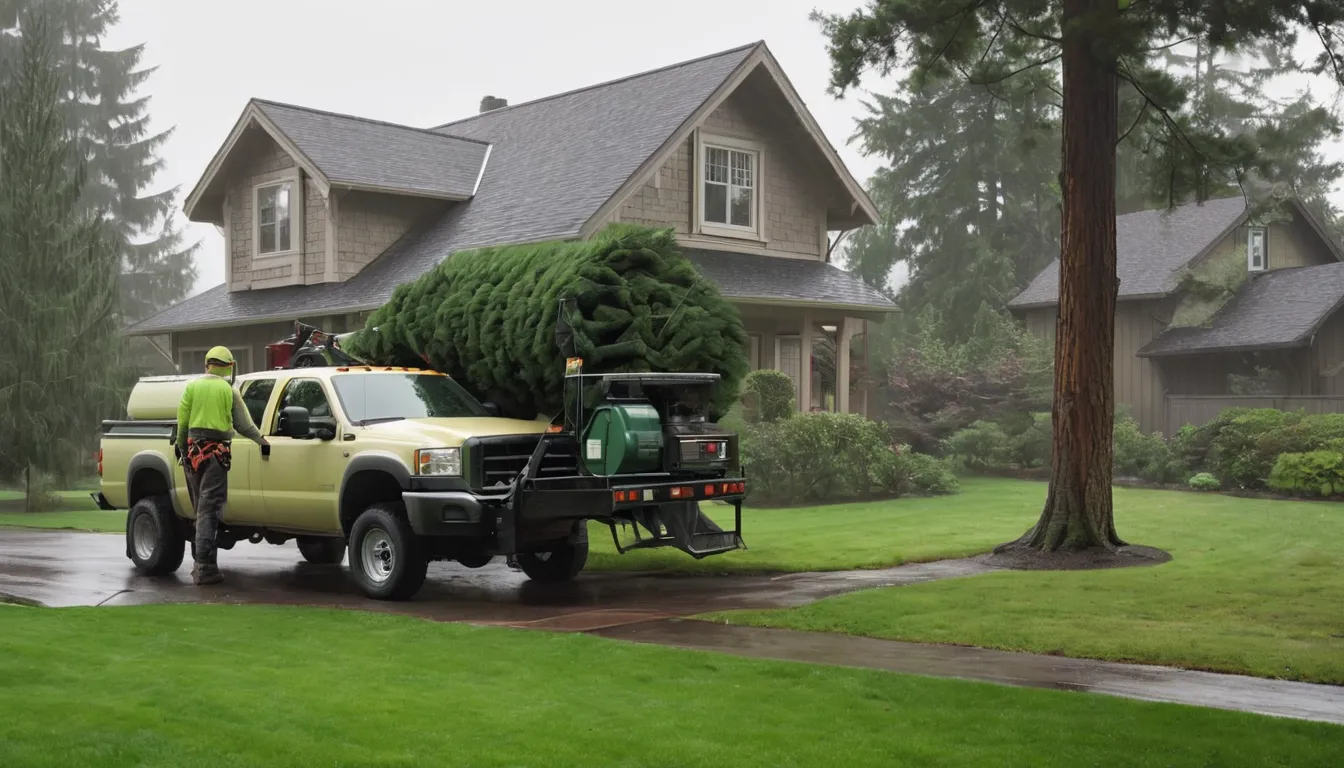 A tree removal provider in a safety helmet working near a tall tree beside a home in Lakewood