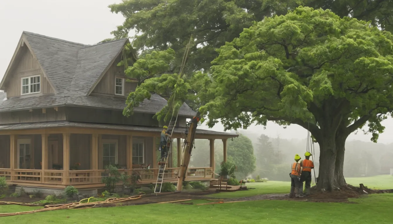 A tree removal provider cutting a large tree in sections beside a wood-frame home in Lakewood